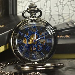 TIEDAN Blue Steampunk Skeleton Mechanical Pocket Watch Men Antique Luxury Brand Necklace Pocket & Fob Watches Chain Male Clock 220606