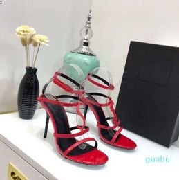 Custom made suede inside luxury designer metal strip Black Patent Leather Thrill Heel Pumps Women Tribute Sandals
