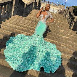 Light Green Mermaid Lace Appliqued Prom Dresses Sheer Jewel Neck Long Sleeves Evening Gowns Beaded Sweep Train Velvet Ruffled Flowers Formal Dress