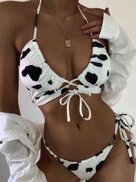 2022 New Bikini Sling Cow Print Sexy Halter Bikini Set Swimsuit Women Push Up Swimwear Mujer 2 Piece Brazilian Tied Bathing Suit Y220420