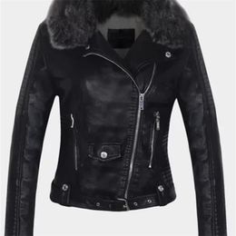 FTLZZ Women Winter Faux Leather Jacket Warm Large Fur Collar Lady Motorcycle Pu Faux Soft Leather White Black Pink Coat 220815