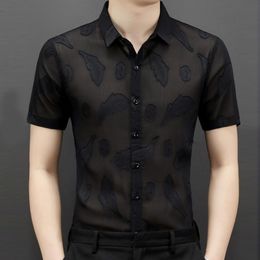 Men's Casual Shirts Summer Short Sleeve Slimfeather Leaves Pattern Shirt Club Party Chemise Homme Camicia Uomo Sexy Transparent Men BlackMen