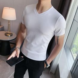 -Мужские футболки корейская летняя твердая V-гоя мужская одежда Slim Fit All Match Case Relate Casual Base Tees Homme Streetwear 3xl-Mmen's