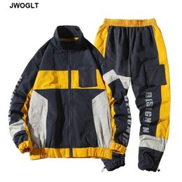 Streetwear Fashion Tracksuits Men Polyester Zipper Jacket and Pants Casual Stitching Colour Blocks Men's Track Suit Sportswear 210412