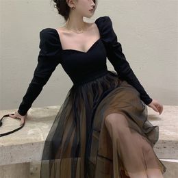Black Elegant Skirt Suit Women Winter France Vintage Set Woman 2 Pieces Chic Korea Y2k Blouse + Gauze Party Midi 220317