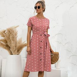 Casual Dresses Summer Women Elegant O-Neck Polka Dot Midi Dress Female Short Sleeve Button Pink Lady Belt Office Party VestidosCasual