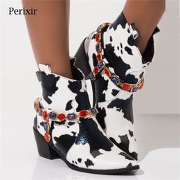 Perixir Mixed Colors Cowboy Ankle Boots Women Crystals Buckle Designer Wedge High Heel Bootie Pointed Toe Western Short Boots 201031
