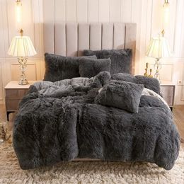 Nordic Pure Colour Plush Shaggy Duvet Cover Set With Pillow Covers Furry Winter Warm Kawaii Bedding Set Luxury Single Bed Sets