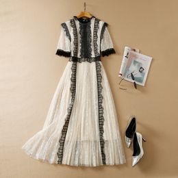 2022 Summer Short Sleeve Round Neck Champagne Contrast Colour Black Lace Panelled Pleated Long Maxi Dress Elegant Casual Dresses 22Q042326