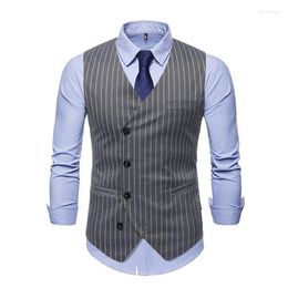 Men's Vests Mens Waistcoat Stripe Suit Vest Men Fashion Casual Single Breasted Sleeveless Gilet Male Business Dress Black/White/Gray Phin22
