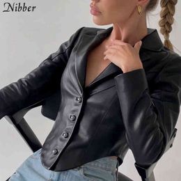 Nibber Fashion PU Leather Fabric Single-Breasted Jacket V-Neck Solid Color Design Coat For Women Casual Street Commuting Wear L220728