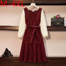 M-4XL Plus Size Autumn Women Square Collar Knitted Long Sleeve Patchwork Wine Red Corduroy Dress Female Dresses S230 210428