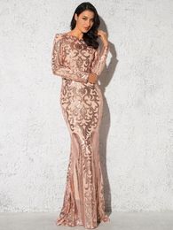 Party Dresses Shine Rose Gold Sequin Long Sleeve Evening Gown Black Mermaid Stretchy O Neck Floor Length Wedding Prom Dress Winter 2022Party
