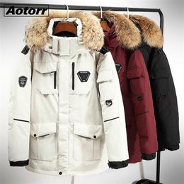 Winter Down Jacket Coat Men Fur Collar Down Thicken Coats Male White Duck Down Parkas Mid-length Large Windbreak Warm Overcoat 201128