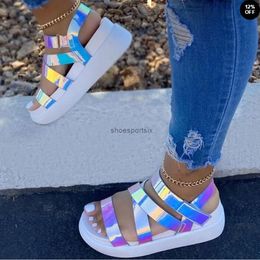 Sandali estivi da donna con cinturino alla caviglia color arcobaleno zeppe con plateau tacco peep toe moda casual scarpe da spiaggia da donna 0004