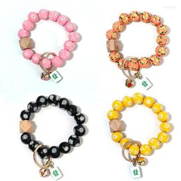 Keychains Design Small Daisy Wooden Bead Bracelet Mahjong Bells Pendant Key Ring Bangle Fresh Wristlet Hand Charm Jewellery Emel22