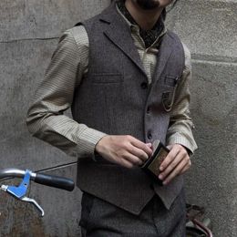 Men's Vests Vest Brown Dark Grey Herringbone Wool Tweed Male Gentleman Business Waistcoat Lapel Collar Single Breasted Wedding Stra22
