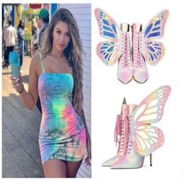 Colourful Wing Butterfly Boots Thin high heel Sexy Lace up Fashion Boots Winter Women Short Booties Shoes