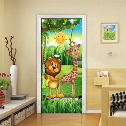 Forest Animal Children Room Bedroom Door Stickers PVC Mural 3D Photo Wallpaper Creative DIY Waterproof Door Sticker Decoration 201009