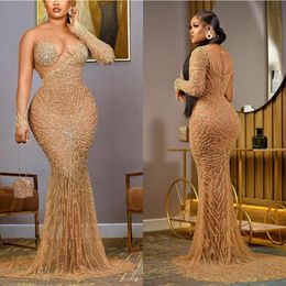 Gold Sparkly Sequins Prom Dress Plus Size Sheer Neck Illusion Long Sleeve Mermaid Evening Gowns Sweep Train Special Occasion Dresses