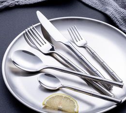 Stainless Steel Bamboo Cutlery Set Tableware Dinnerware Mirror Polish Silver Cutlery Dinner Knives Forks SN6489