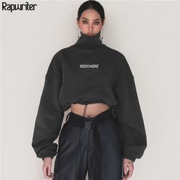 Rapwriter Fashion Harajuku Cotton Turtleneck Sweatshirt Women Autumn Loose Long Sleeve Fitted Waist Crop Top Pullovers 201210