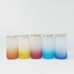 16oz Sublimation Gradient Glass Tumbler Blank Frosted Glasses Bottle Jar Cola Can Tumblers With Bamboo Lid 6 Colors PRO232