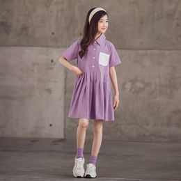 Girl's Dresses Preppy Girls Dress Cotton Teen Kids Summer Buttons Pocket 2022 Children Clothes Baby Casual Clothes,#6312