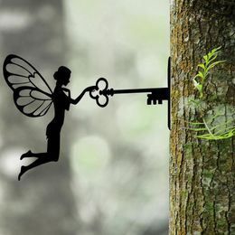 Garden Fairy Decoration Stake Metal Art Elf Silhouette Inserting Ornament Open Door With Key For Outdoor Tree Decor 220721