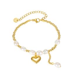 Link Chain Fashion Women Love Heart Charm Bracelet Gold Stainless Steel Ball With Freshwater Pearls For Sweet Gifts 16cm 6cmLink