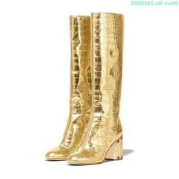 Golden Stone Pattern Knee High Boots Pointed Toethick High Heels Sexy Women Fashion Spring Autume Party Dress Boots Shoes 220514