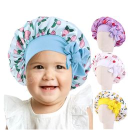 Kids Satin Bonnet Sleep Hat Silk Shower Cap for Child Beanie At Night Boy Girls Flower Printed Silk Sleep Cap with Band Bow