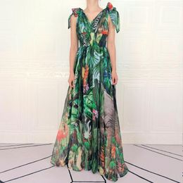 Casual Dresses Plus Size Floor-Length Dress Boho Beach Summer Women'S Flower Green Plant Print Party Holiday Chiffon Sling