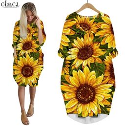 -Frauen Kleid schöne Sonnenblume gelbe Blumen 3D bedruckte lose Tochter Kleider Langarm Casual Pocket Female Kleid W220616