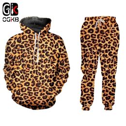 OGKB Selling Casual 2 Piece Suit Animal 3D Printing Leopard Print Harajuku Hoodie And Jogging Pants Large Size Wholesale 201210