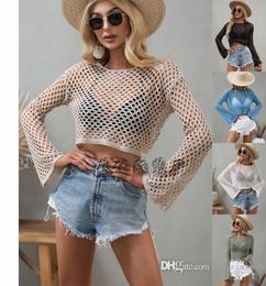 2022 Summer New Style Sweater Flare Sleeve Loose Tops Round Neck Hollow Out Knit Shirt For Women