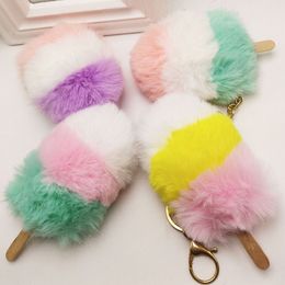 Cute Ice Cream Hair Ball Keychain Bag Pendants Faux Fur Pompom Key Chains For Women Key Ring Fashion Plush Pom Poms