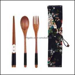 Tableware Portable Wood Wooden Cutlery Sets Travel Dinnerware Suit Environmental With Cloth Pack Gifts Set 0221 Drop Delivery 2021 Forks Fla