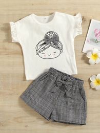 Toddler Girls Figure Graphic Ruffle Sleeve Tee & Plaid Bow Shorts SHE