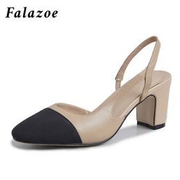 Falazoe Slingbacks Heels Women Genuine Leather Cap Toe Chunky Heel Pumps Nude Brand Luxury Design Heeled Flats Plus Size 42 220509