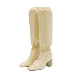 Koyun derisi stili 2022 deri yeni diz botları şövalye patik gündelik parti elbise ayakkabıları 8cm tıknaz topuklu pileli badem şekilli ayak parmakları elastik gerginlik boyutu 34-44 5