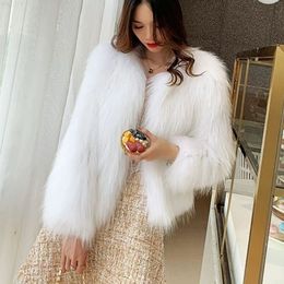 Winter Warm Furry Faux Fur Coat Women 2021 Fashion Solid O Neck Slim Thick Plush Jacket Female Long Sleeve White Short Overcoat T220716