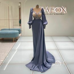 Blue Mermaid Prom Dresses Princess Satin Appliques Sequins Embroidery Long Sleeves Deep V Neck Floor Length Party Gowns Plus Size Custom Made