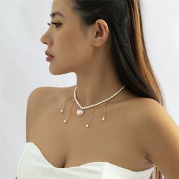 Imitation Pearl Love Heart Pendant Choker Necklace Wedding Bride Goth Tassel Bead Chain Trending Products Jewelry for Women