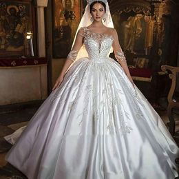 Three Quarter Sleeve Dubai Arab princess Wedding Dress Illusion Crystal Appliques cathedral train Saudi Arabic Bridal Gown