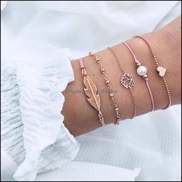 Charm Bracelets Jewelry Bohemian Leaves Heart Love Lotus Pearl Bracelet Chain Woven Mtilayer Set Women Fashion Gold Drop Delivery 2021 Rtqaf