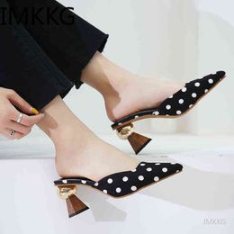 Nxy Slippers Women Polka Dot Pointed Toe Mule Shoes Ladies Slides Female High Heels Close Black New Sandals 220705