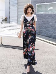 Women's Two Piece Pants Temperament Floral Strap Jumpsuit And Tshirt Set Women 2022 Summer Elegant Slim Wide Leg Sets Overalls 0971