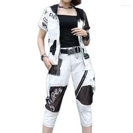 Women's Two Piece Pants Fashion White Casual Outfits Womens Denim 2 Pieces Set Mesh Patchwork Short Sleeve Tops Summer Suits Oversized