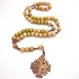 Wooden Jerusalem Religious Catholic Jewellery Cross Jesus Rosary Necklace